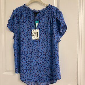 NWT 41 Hawthorne Stitch Fix XL Tiffiny Tulip Sleeve Blouse Blue w/red flower